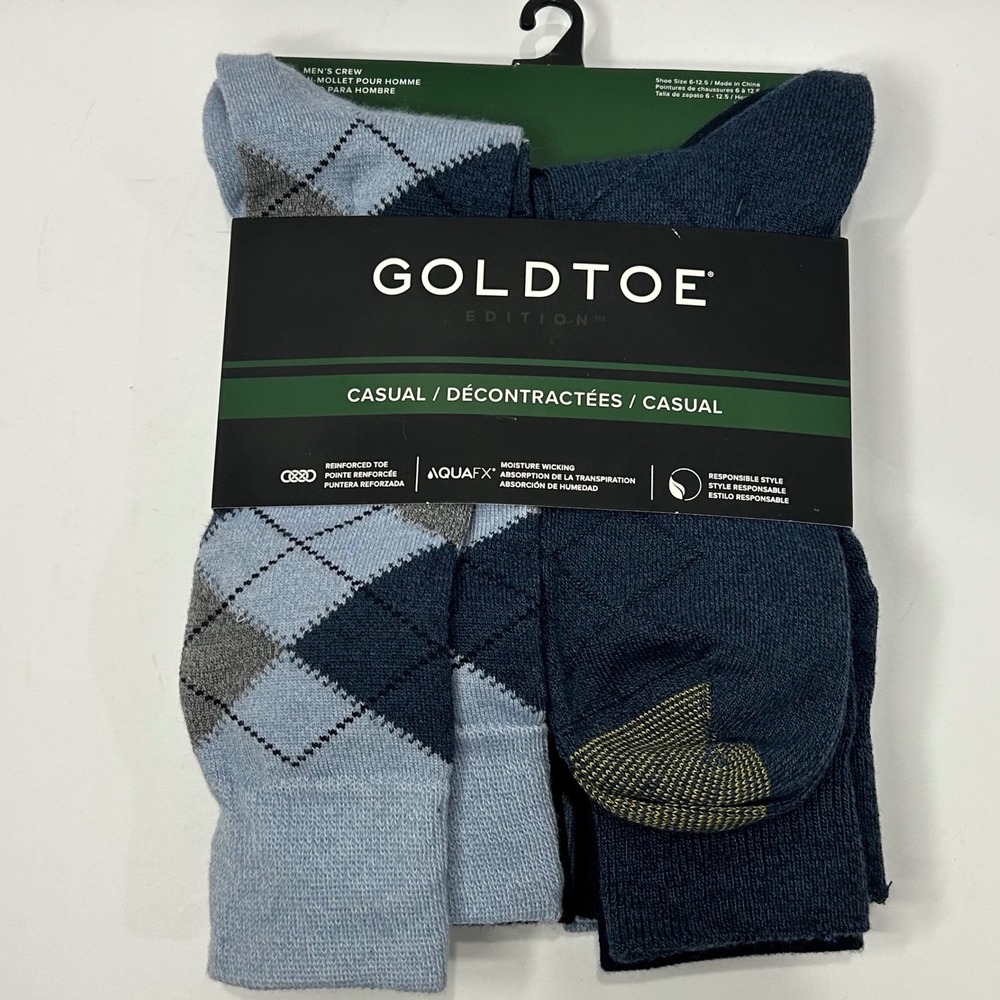 Goldtoe Edition Mens Crew Socks 6 Pair Argyle Blue Navy Grey Moisture Wick New